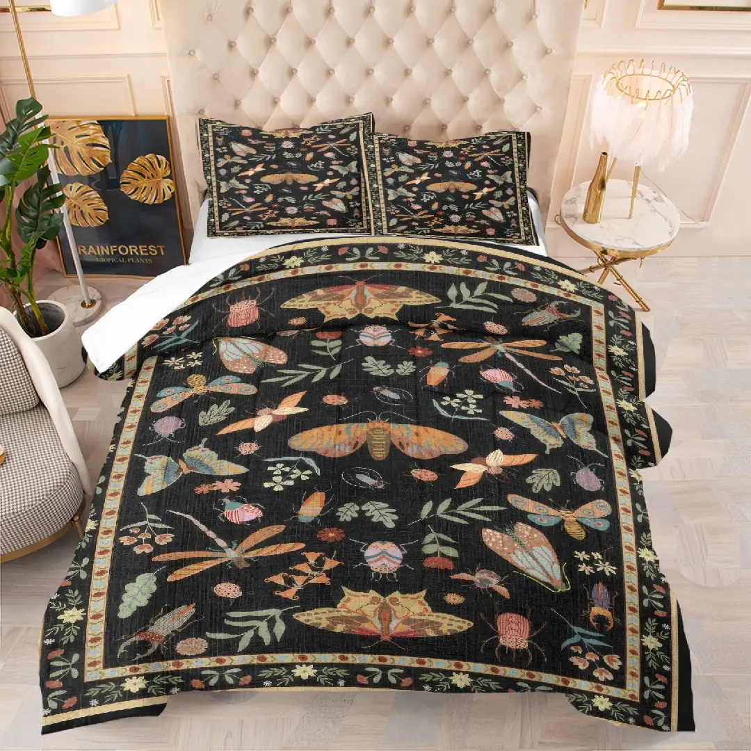 Insect pattern quilt, including 1 quilt and 1 or 2 core-free pillowcases, suitable for home or dormitory decoration, very suitable as a moving gift
