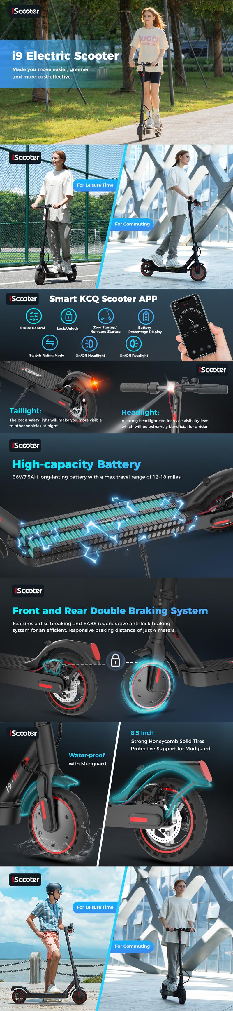 iScooter i9 Electric Scooter, 18Miles Range, 19MPH Top Speed, 350W Foldable Commuting with Double Braking Systems and APP for Adults and Teens