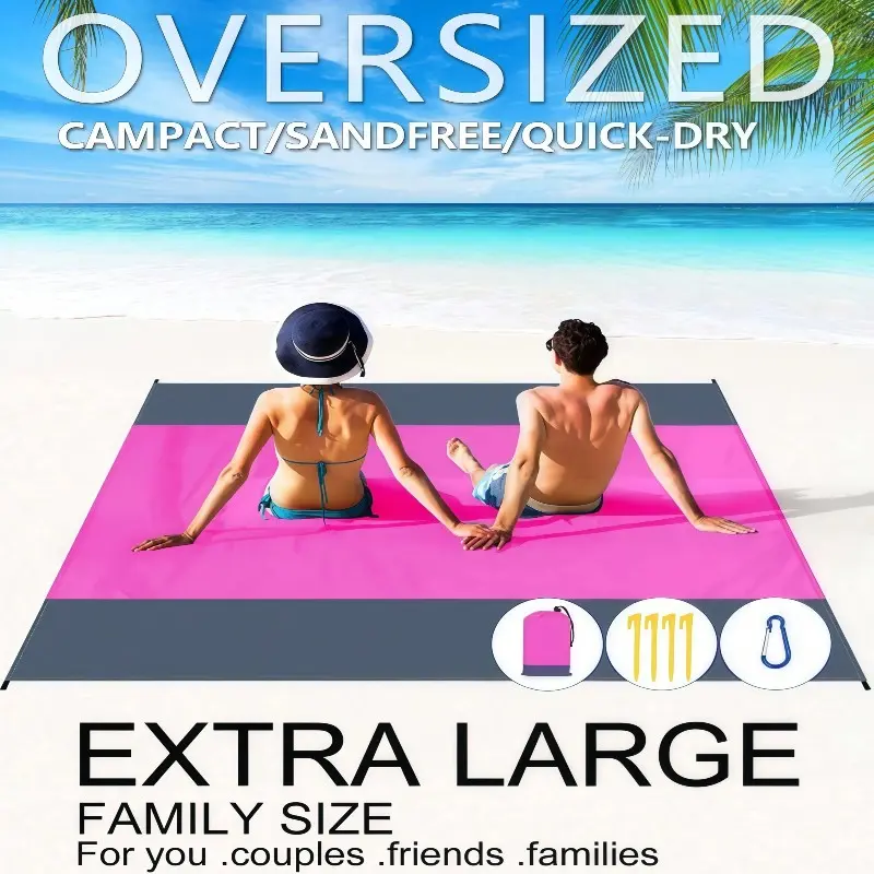 Extra Large Waterproof Beach Blanket 79'x83', Quick Drying Picnic Mat with 4 Stakes, Outdoor Picnic Blanket, Picnic Essentials, Travel Camping Accessories, Outdoor Camping Supplies, Camping Equipment, Summer Vacation Must-Have