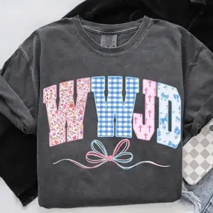 WWJD Christian Pastel Floral Faith Graphic Comfort Colors Tee Coquette Bow Bible Verse Jesus Inspired Shirt