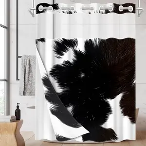 1pc hookless shower curtain with buckle lining, black and white plush speckled patchwork design, 2D flat printing, waterproof fabric lining, see-through double-layer shower curtain, 71 x 74 inches, modern home draping curtain, Shower Curtain Liner