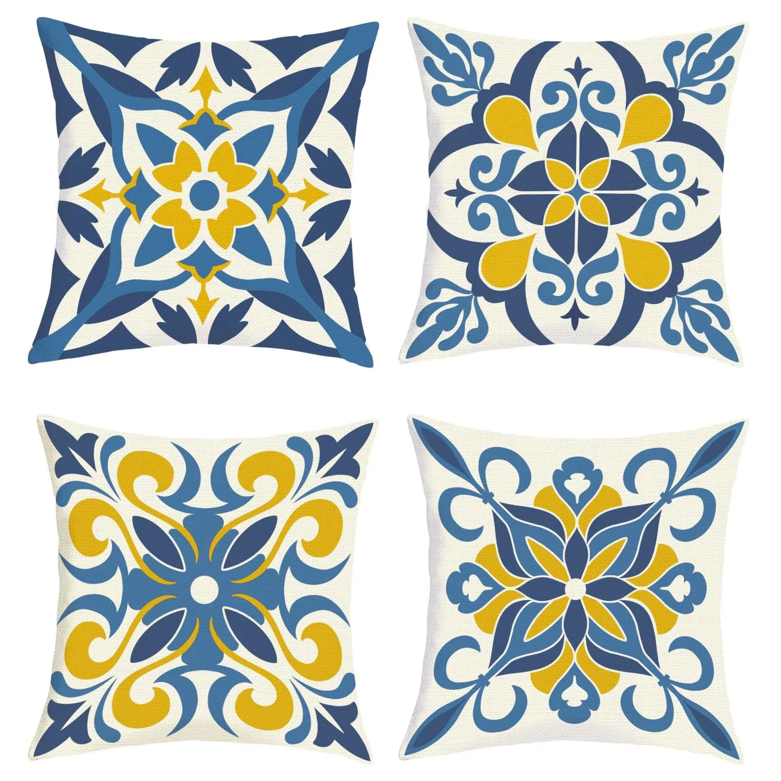 Bohemian Mandala Blue Floral Pillow Covers Set of 4, 18x18 Inch Vintage Mediterranean Moroccan Geometric Flower Cushion Cases