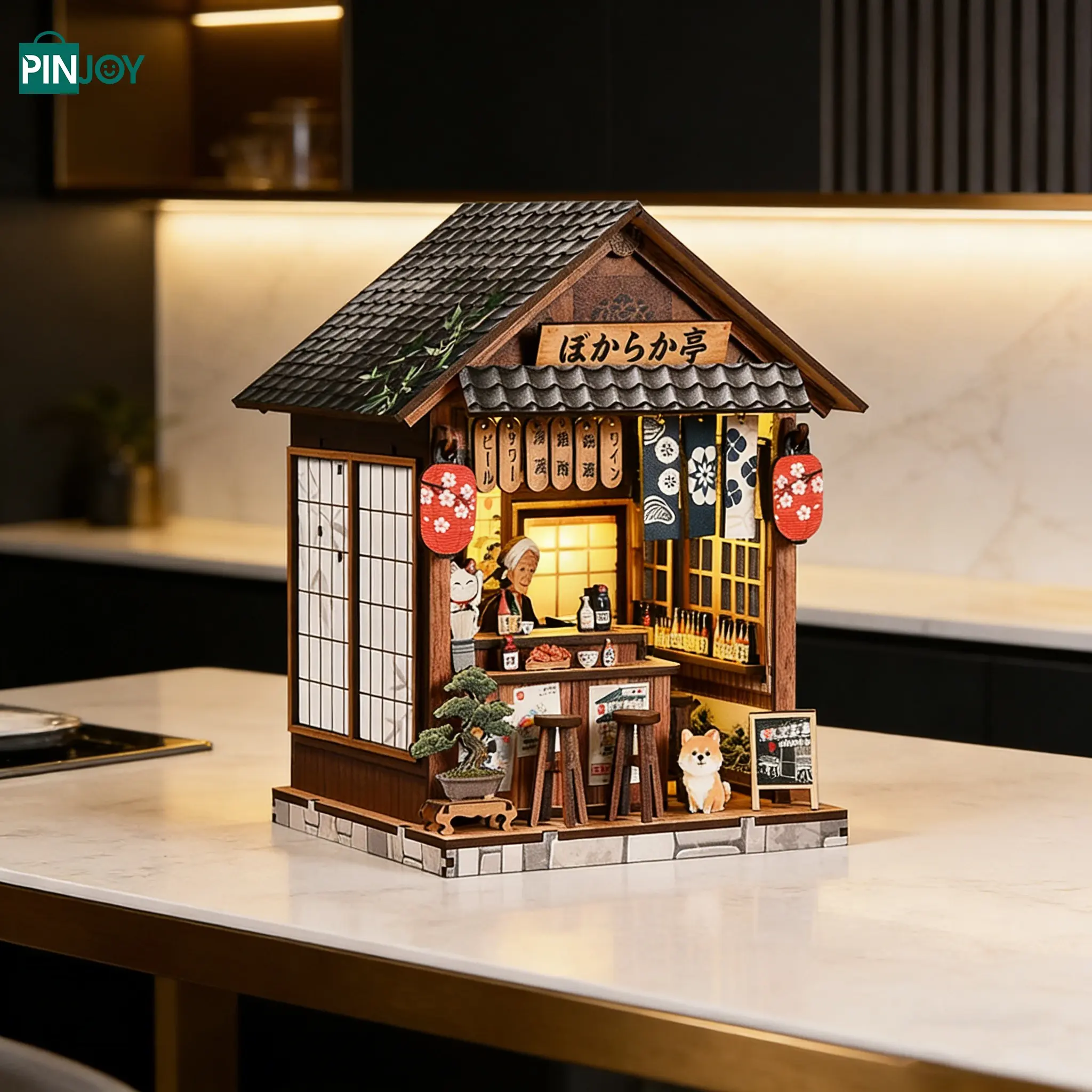 Japanese Wine House DIY Model Kit, Decorative Bookshelf Decoration, Creative Home Decor, Wooden Handmade Miniature Model Assembly, Educational Craft Project for Adults and Teens, Desktop Art Ornament