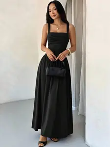 Women's Elegant Solid Color Brown Coffee Square Collar Flared Dress, Summer/Summer Strapless Dress Ankle Length Dress Black Dress