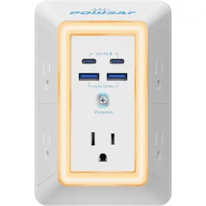 Multi Plug Outlet Surge Protector - POWSAF 5 Outlet Extender with 4 USB Ports(2 USB-C PD 20W) and Night Light, 3-Sided Power Strip with Adapter Spaced Outlets - ETL, White