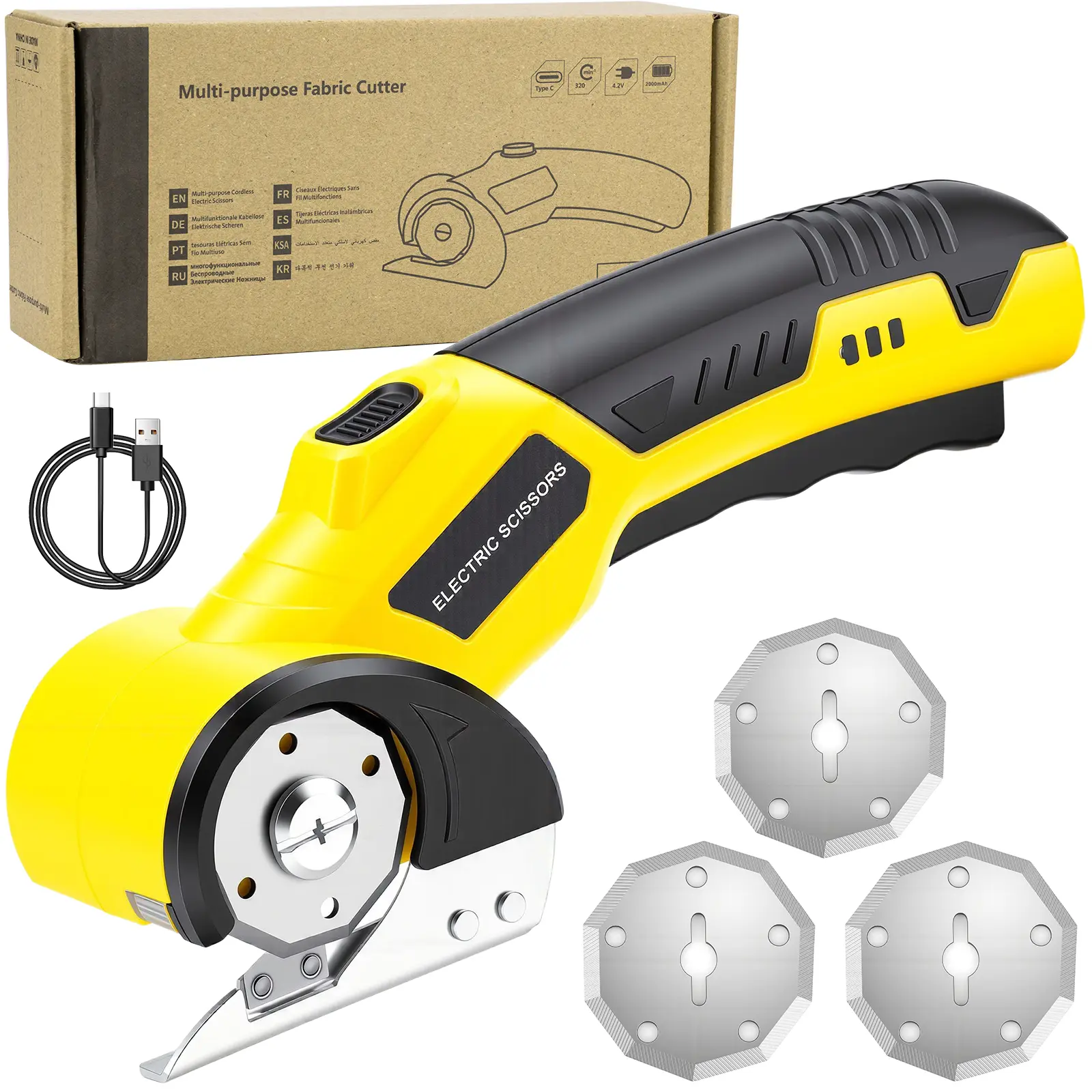 [TikTokShopBackToSchool]Cordless Electric Scissors,4.2V Rechargeable Cardboard Cutter Heavy Duty Scissor with Safety Lock & LED Light for Box Carpet Plastic Fabric(Yellow)