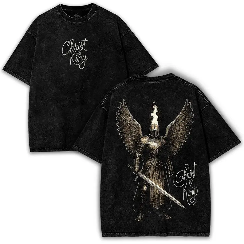 valentine shirts Christ Is King Tee – Angel Knight Graphic, Washed Black Oversized Christian Streetwear