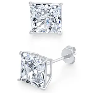 14K White Gold Stud Earrings Princess Butterfly Cubic Zirconia CZ