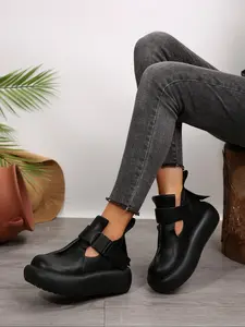 Women's Comfortable Slip-On Platform Shoes, New High-Top Hollow Out Retro Style Casual Round Toe Single Shoe, One Strap Design, Casual Fashion Shoes
