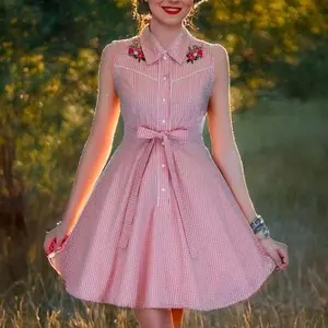 Pink Gingham Western Vintage Sleeveless Dress | Rockabilly Pin-Up Dress XS–3XL, Retro 50s Style, Summer Party Dress