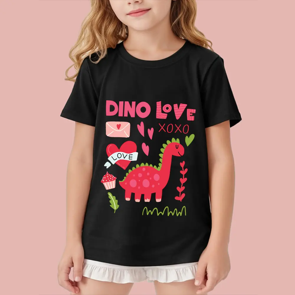 Unisex Kids' 100% Pure Cotton Graphic Knitting Tops - Short Sleeve DINO LOVE XOXO Heart Shirts for 2-10Y (3-4Y,5-6Y) - Valentine's Day Gift, Pure Cotton Clothes, 4 - 5 Years, 6-7Y