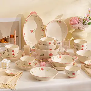 8/12/16 piece set of ceramic tableware, Ceramic dinnerware set, cream style, can hold vegetables, fruits, salads, pasta, steak, suitable for home use, restaurants, parties and other occasions, Plates Bowls Sets, Dinner Sets
