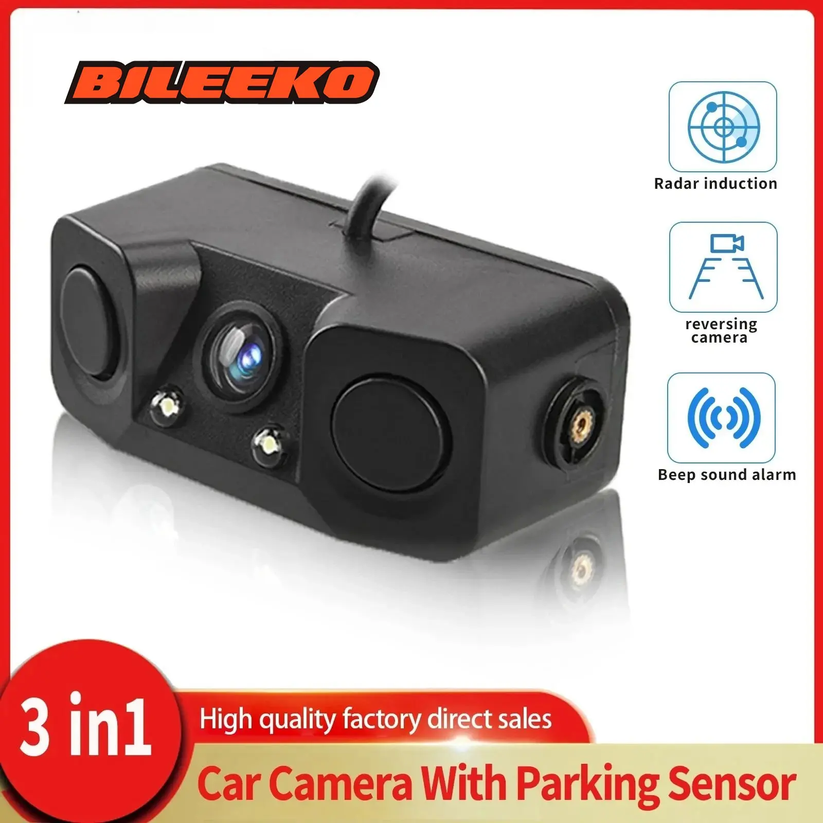 Three-In-One Car Camera Kit, Integrated LED Rear View Camera, Infrared Night Vision, Radar Sensor, Mini Alarm, Compact Parking System