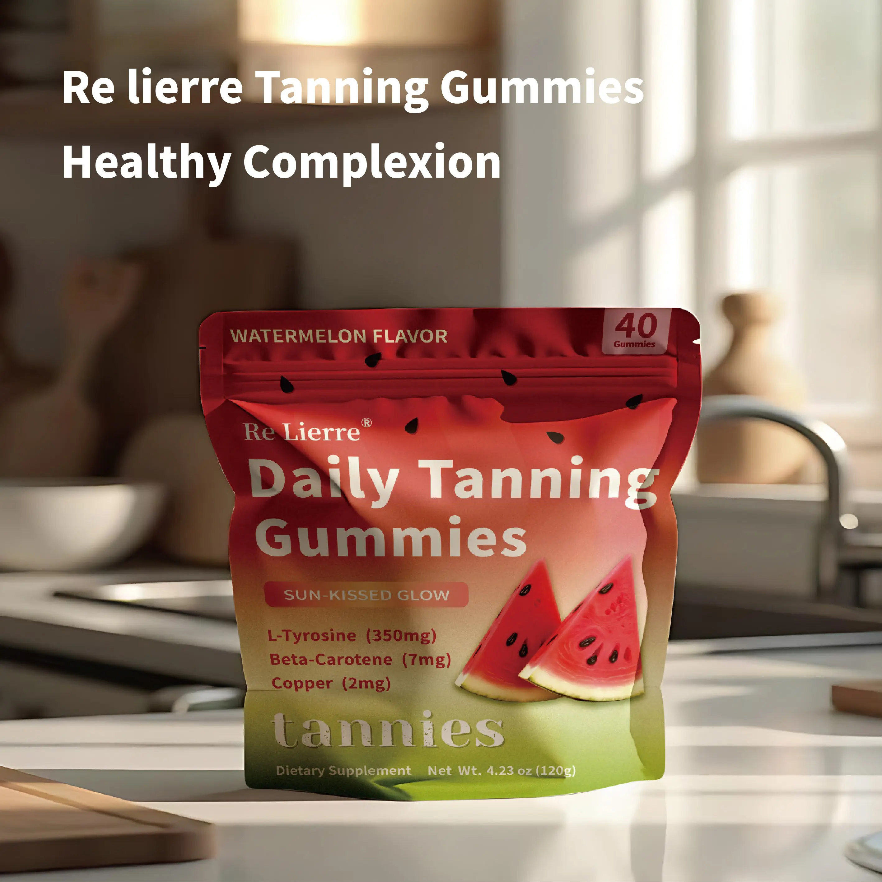 RE LIERRE Chewable Tanning Gummies - 60 Count Watermelon Flavor Vegan Natural Dietary Supplement for Adults, with Astaxanthin, Lycopene, Beta Carotene, Vitamins, Antioxidants, Skin, Hair & Nail Care, Healthy Complexion Support (GMO Free)