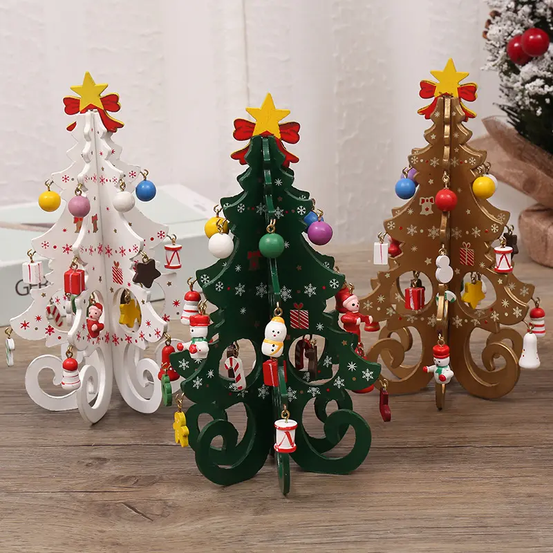 DIY Mini Wooden Christmas Tree with Ornaments Set, Cute 7 Inch Small Xmas Tree Kit with 24 Hanging Decorations New Year Parties Supplies, Easy Installing Holiday Craft Gift