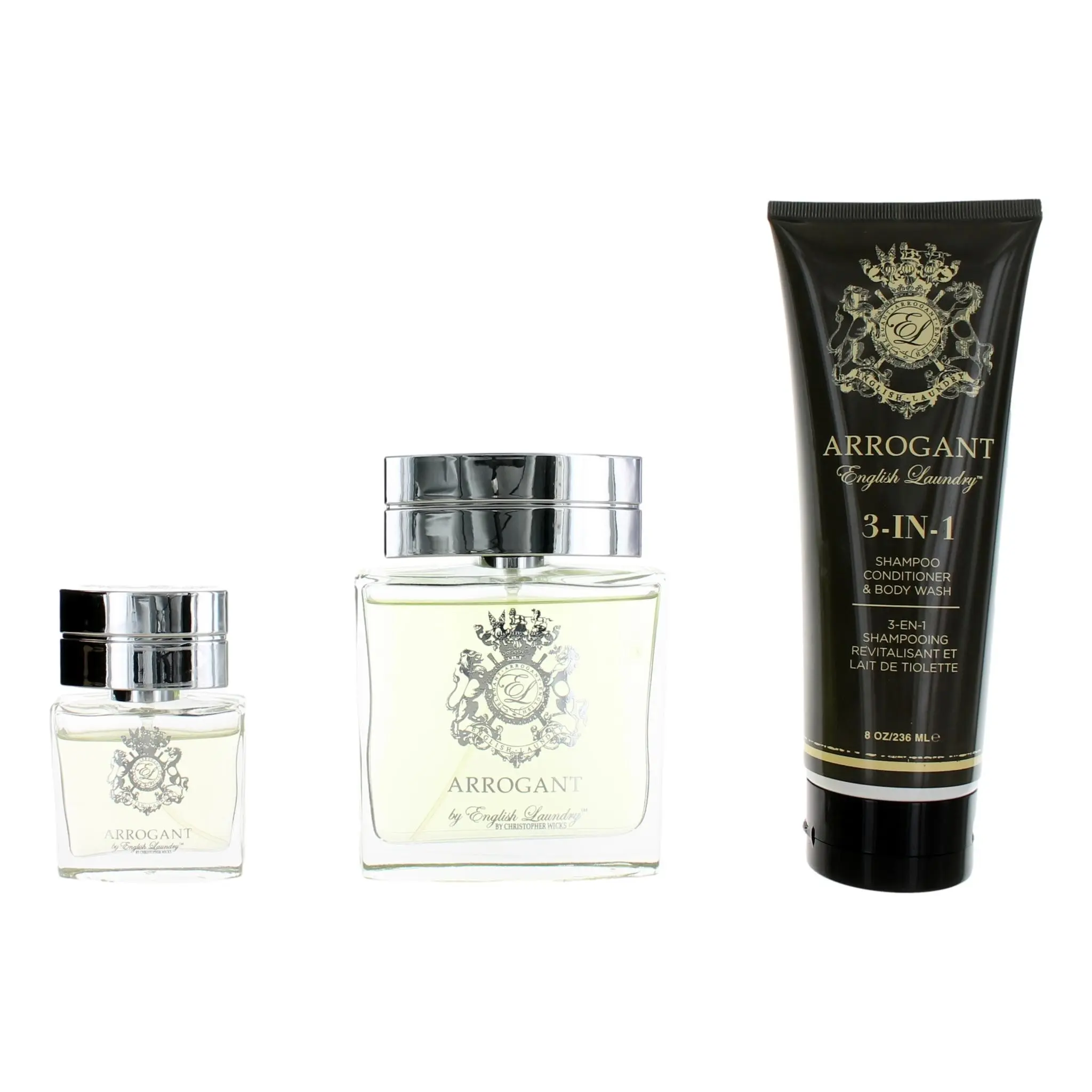 Arrogant by English Laundry, 3 Piece Gift Set for Men with 3.4 oz., Amber, Lavender, Fragrance Sets, Wood, Fresh Aroma, Male Grooming, 0.68 Oz, Gift Ready, Musk, Shampoo/Conditioner, Spray Apply, Fresh And Clean, No
