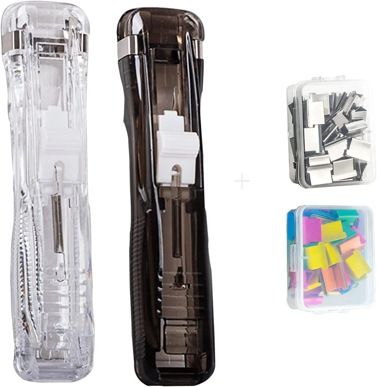 2 Pack Mini Push Stapler Pack with 100 count  Refill Clip, Transparent Clear Black Stapler Paper Clip Dispenser, Office  Kit Binder Clips with 30 Page Paper Capacity for Document Tax