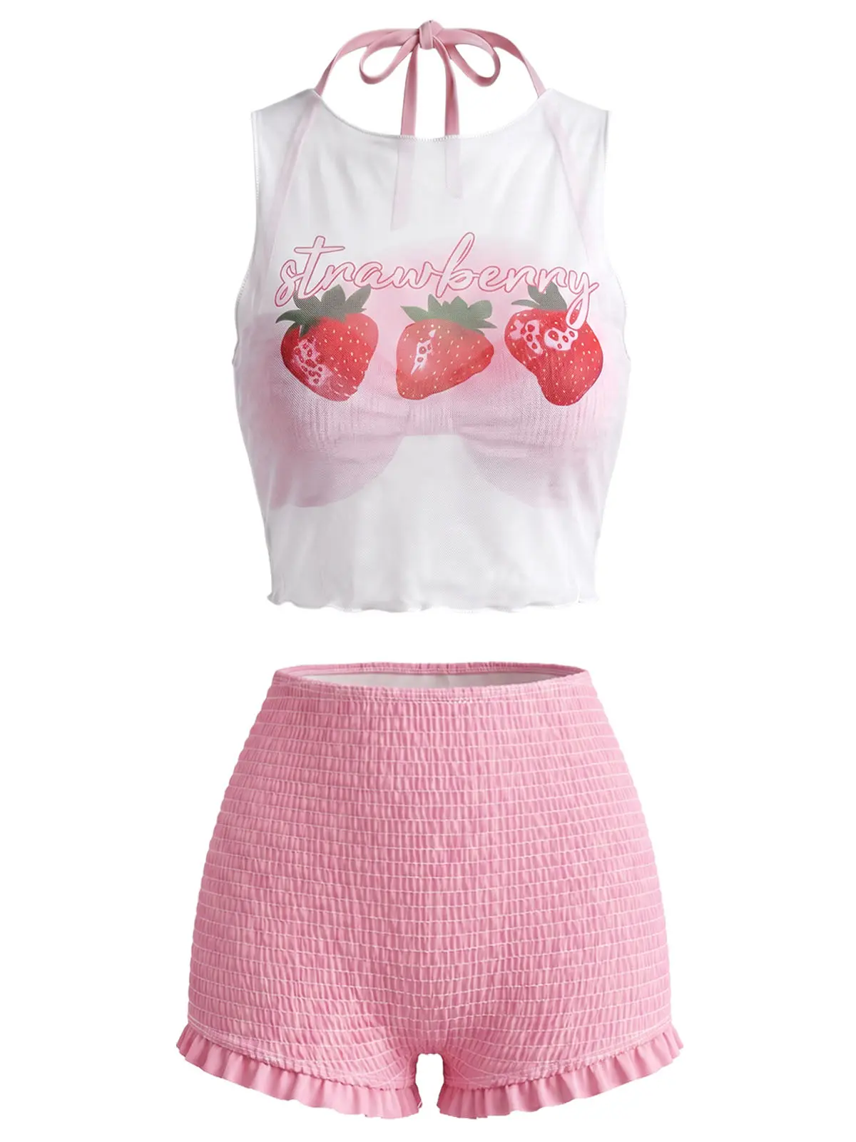 Pink 1950s Halter Smocked Bikini Set & Strawberry Cover Topvacation swimwear for women cute summer outfits