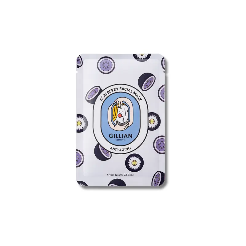 Gillian Cosmetics Acai Berry Anti-Aging Sheet Mask by Elvis Elvin Labs (25ml) - Anti Wrinkle Face Mask with Collagen Firming, Hyaluronic Acid, Hydrates Dull Skin, Boosts Elasticity for At-Home Facial, Anti Wrinkle Face Masks