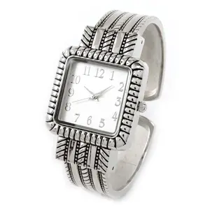 Silver Metal Western Style Decorated Square Face Women's Bangle Cuff Watch
