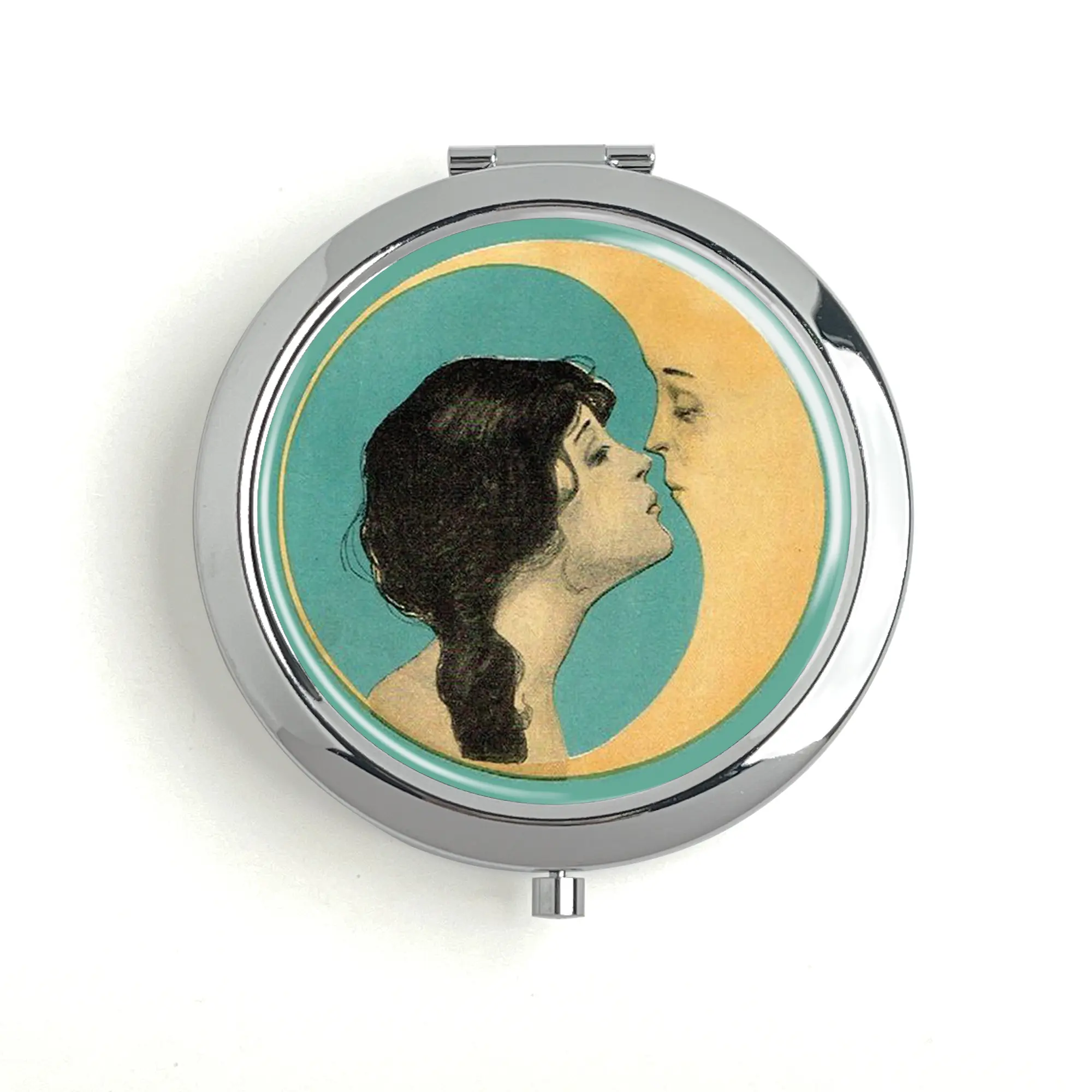 Woman Kissing Moon Art Pill Box Travel Pill Box Vitamin Storage Box Metal Makeup Mirror with Unique Design 70mm Diameter