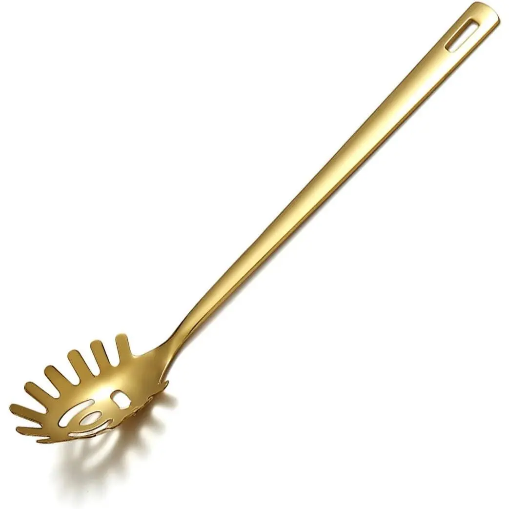 Gold Spaghetti Spoon  Pasta Server With Titanium Plating Stainless Steel For Cooking Fork Noddle Dishwasher Safe Easy to Clean