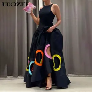 UOOZEE Sleeveless Hollow Pleated Slit Round Neck Maxi Dress Party Dress Formal Elegant Chic Women Round Neck Design, Hem is very heavy, Dress is very long, Recommend to order one size smaller, Suitable for tall people, Wear with high heels