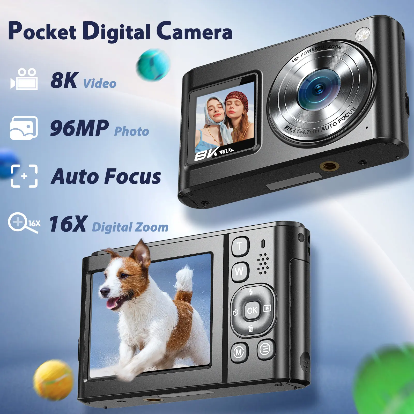 Digital Camera Zostuic 8K Vlogging Selfie Camera, 96MP Digital Camera with Dual Screen & 16X Zoom, 6-Axis EIS Anti-Shake WiFi Y2K Aesthetic Compact Camera for Boys and Girls Photography Travel Record Ideal Holiday Gift.