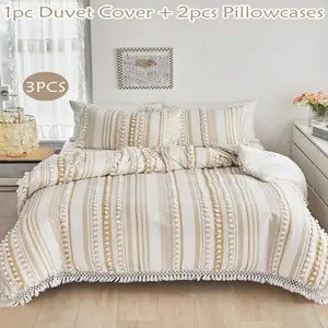 3pcs Khaki Duvet Cover Set Bohemian Style Simple Bedding Set With Pom Poms And Tassels And Pillowcases, All Seasons