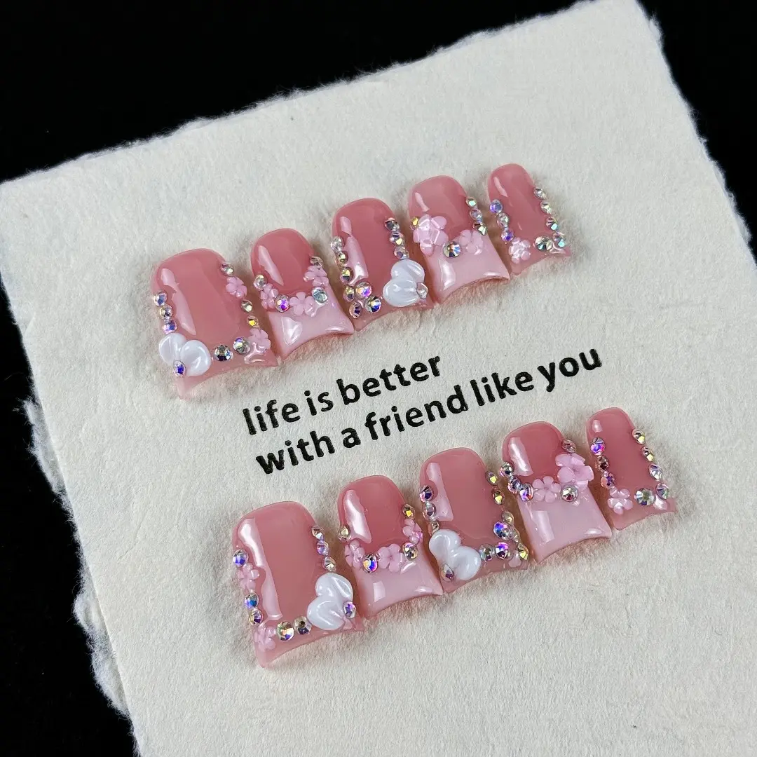 10pcs Pink girl style, hand-painted three-dimensional engraved design, glittering diamonds handmade fake nails, Elegant rhinestone decorated, Suitable for spring outings, enjoying flowers, Glitter Decorative Nails