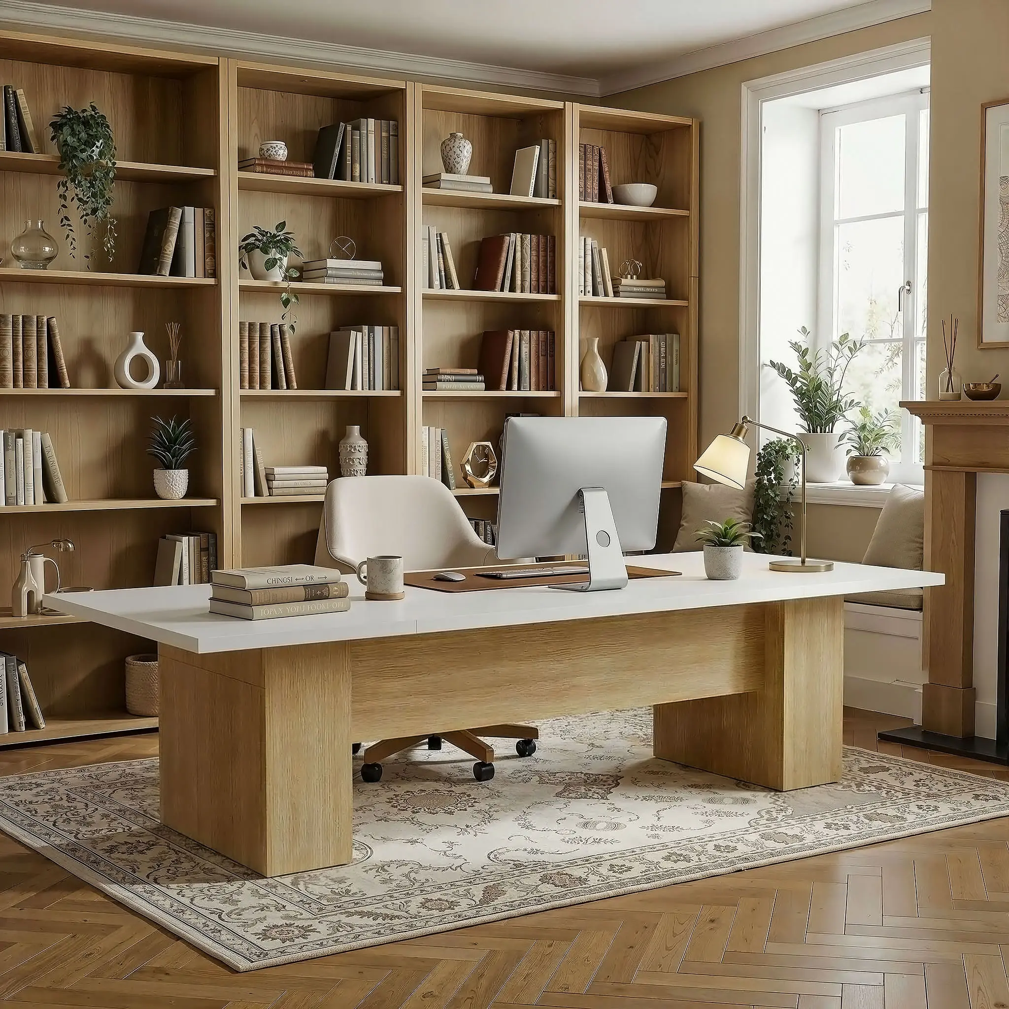 FUFU&GAGA 118" Modern Executive Desk, Extra Large White Top Wood Office Desk with Thick U-Shape Legs, Minimalist Computer Writing Table for Home Office, Conference Room