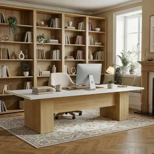 FUFU&GAGA 118" Modern Executive Desk, Extra Large White Top Wood Office Desk with Thick U-Shape Legs, Minimalist Computer Writing Table for Home Office, Conference Room