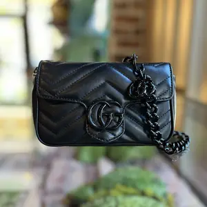 Pre-owned GUCCI GG canvas Crossbody Bags Marmont Mini Black Calfskin Matelasse Chain Belt Bag