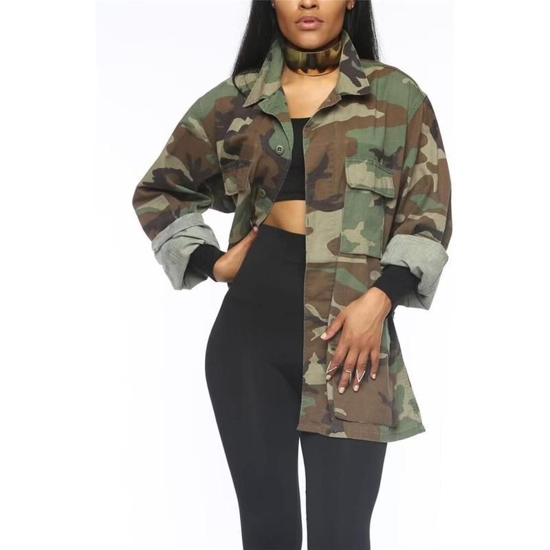Sexy Camouflage Jacket for Women Army Fatigue Long Cargo Jackets Trench Coat Plus Size Light Womenswear