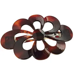 Parcelona French Large Wide Flower Shell Brown Celluloid Hair Clip Barrette