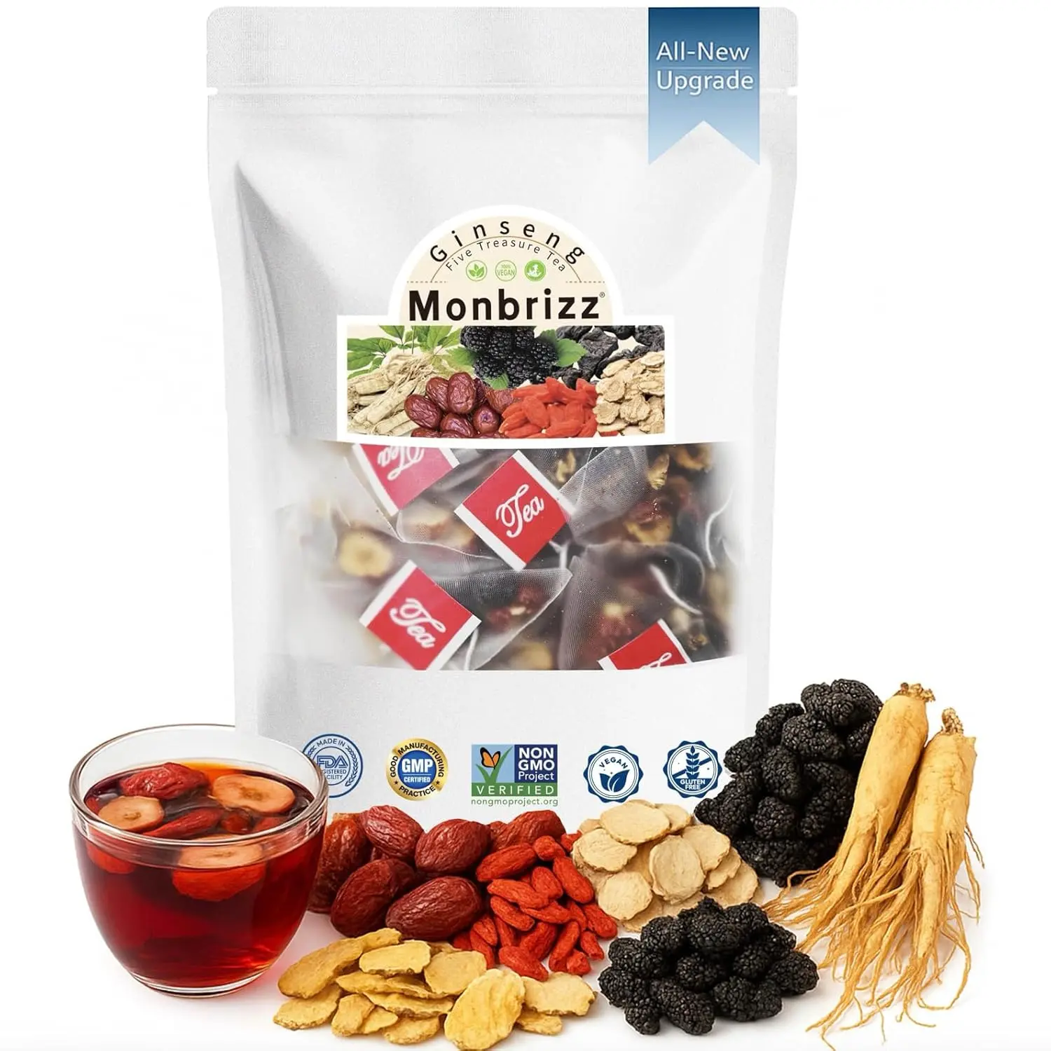 Monbrizz Kidney Tea Formula — 40 Count Value Pack, Ginseng Six Treasure Tea with Maca Root, Goji Berries, Red Dates & Turmeric, Caffeine-Free Herbal Tea for Daily Wellness (20 Count)