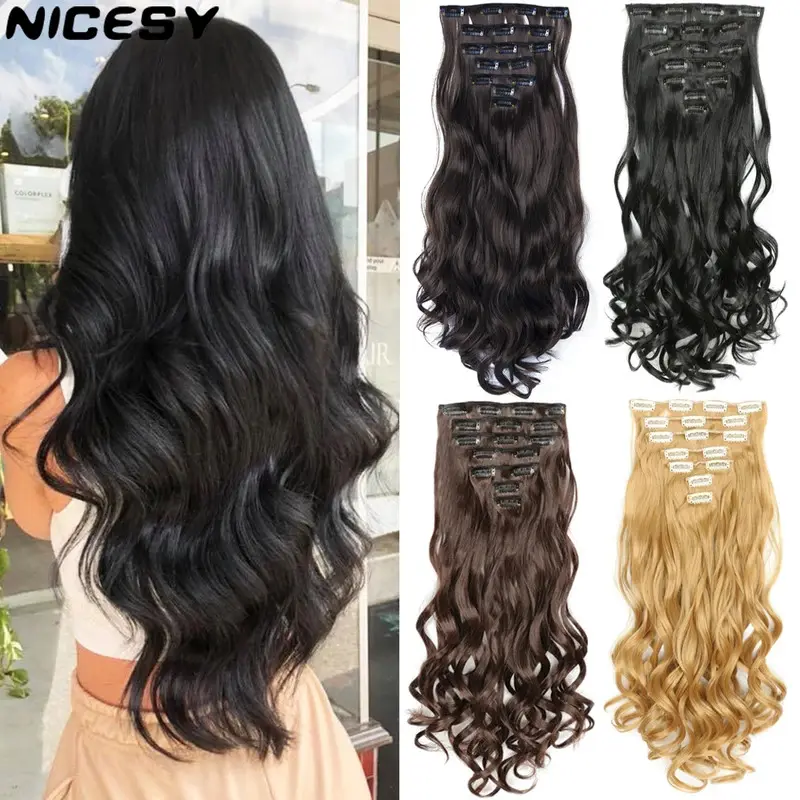 16Clips Synthetic 24Inch Long Curly Hair Hairpiece Heat Resistant Hair Extension Clips In  Black Brown Blond Women