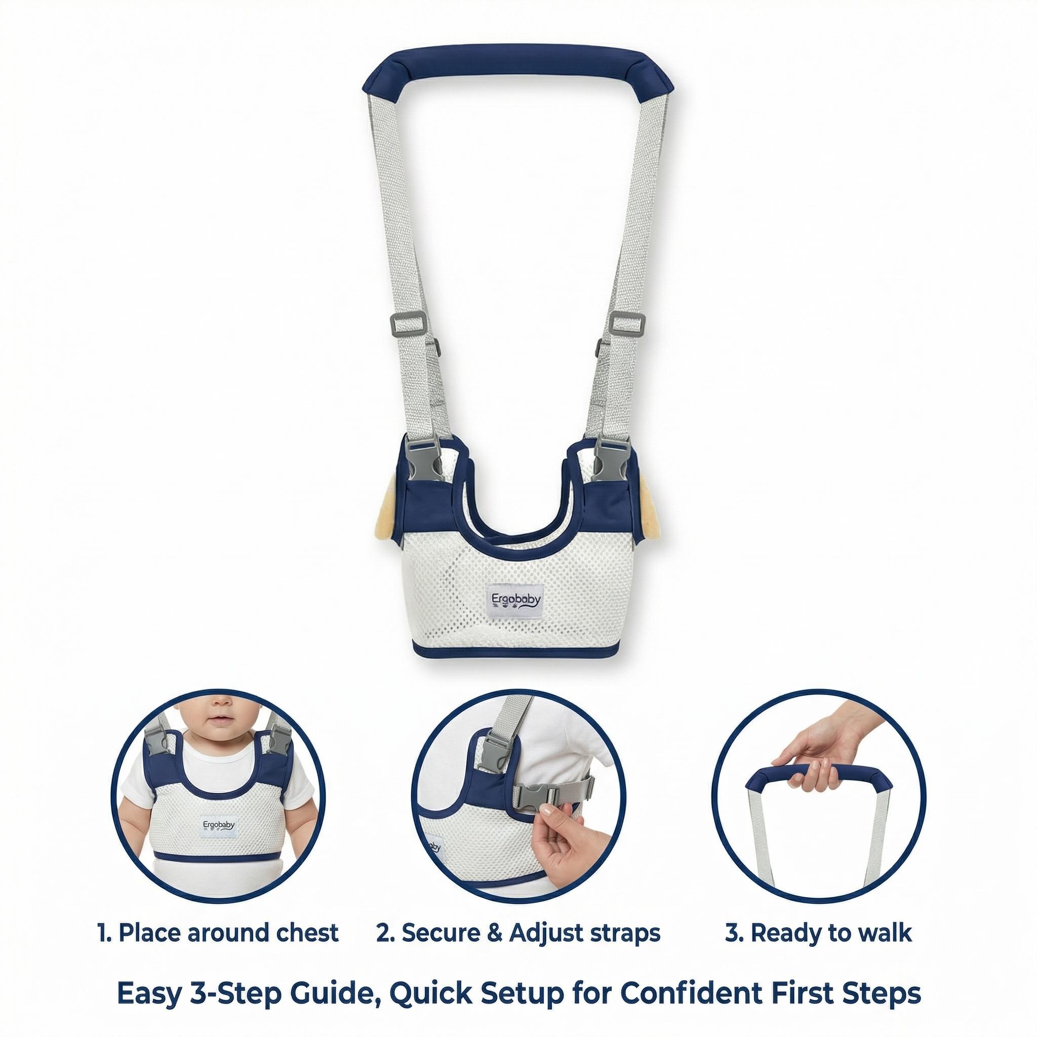 Baby Walking Harness — Handheld Walking Aid, Adjustable Toddler Walking Strap, Assists with Standing and Walking, Suitable for Babies Aged 9–24 Months (Dark Blue) Comfortable Support