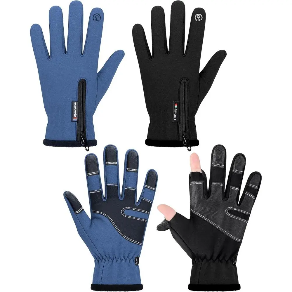 Men's Biking Gloves, 2 Pairs Waterproof Fleece Lined Convertible Gloves with Anti-Slip Palms, Touchscreen Compatible for Cold Weather Cycling, Different Sizes, Black,Blue, Male, Fingerless Work Gloves
