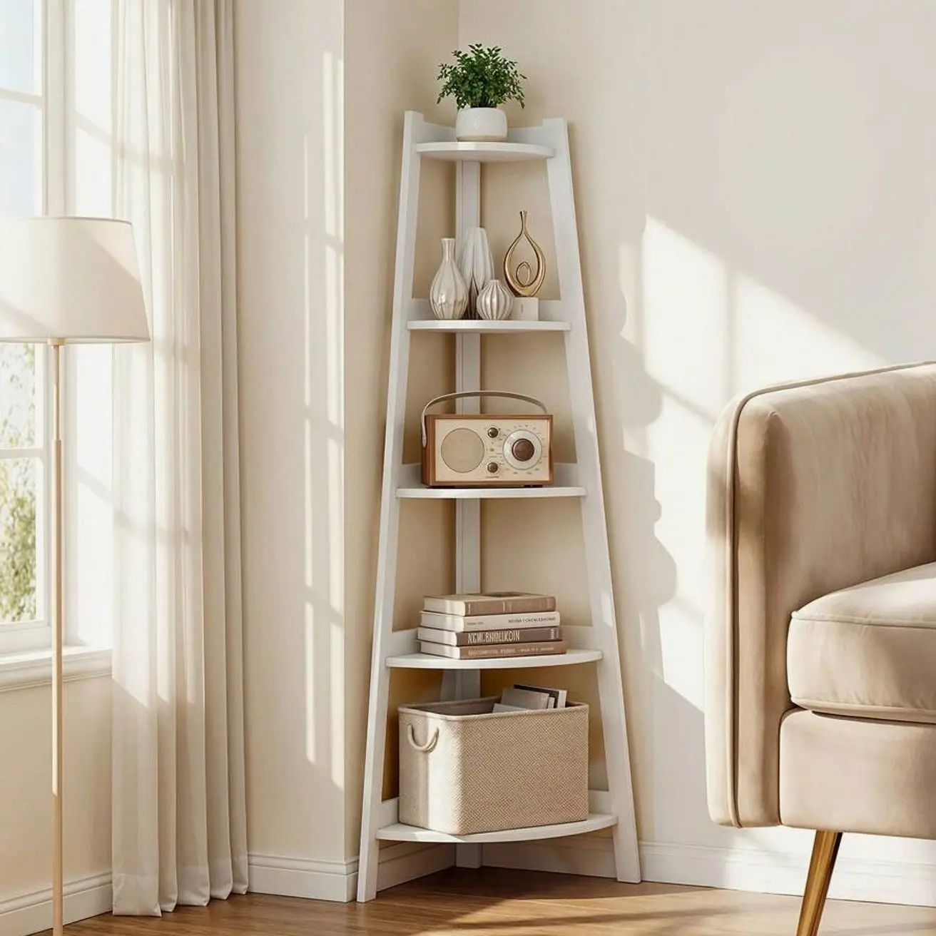 5-Tier Extra Large Corner Bookshelf, Heavy-Duty White Corner Bookcase, Space-Saving Freestanding Shelving Unit for Living Room, Home Office, Kitchen, Balcony, Bedroom & Boho Decor