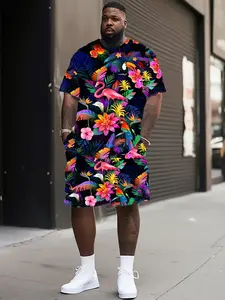 Men's Floral & Flamingo Print 2-Piece Set, Casual Camping T-Shirt and Drawstring Shorts, Summer Fashion, All Seasons Wear