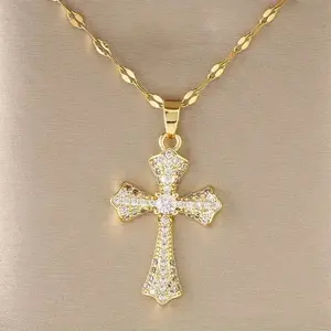 1pc Gold/Silver Light Luxury Copper Zirconia Cross Pendant Necklace for Women