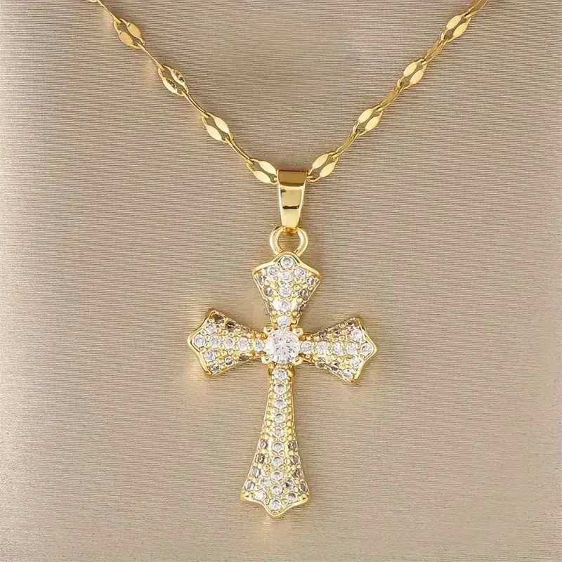 Women's 1pc Light Luxury Gold-Silver-Copper Zirconia Cross Necklace, Stylish Costume Jewelry Statement Accessory, Zirconia Jewelry, Stylish Accessories, Statement Necklaces