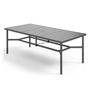 PHI VILLA Patio Table, 8 Person Outdoor Dining Table with Umbrella Hole, Rectangle Black Metal Table for Lawn Garden Backyard Restaurant