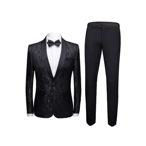 Mens 2 Piece Floral Jacquard Dress Suit Set 1 Button Print wedding Dinner Jacket Pants-Black