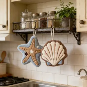 2pcs Cute Ocean-Themed Hanging Hand Towels, Starfish & Shell-Shaped Soft Plush Towels, Absorbent with Hanging Loops, Bathroom & Kitchen Decor