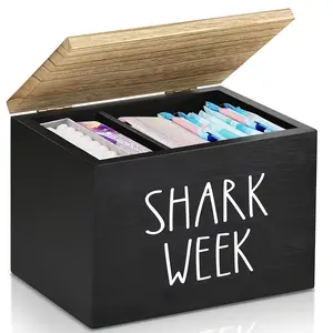 Essentials storage box for women during menstruation, wooden bathroom storage box with lid, cork, durable, black, non-washable, shark weekly design, suitable for feminine hygiene products