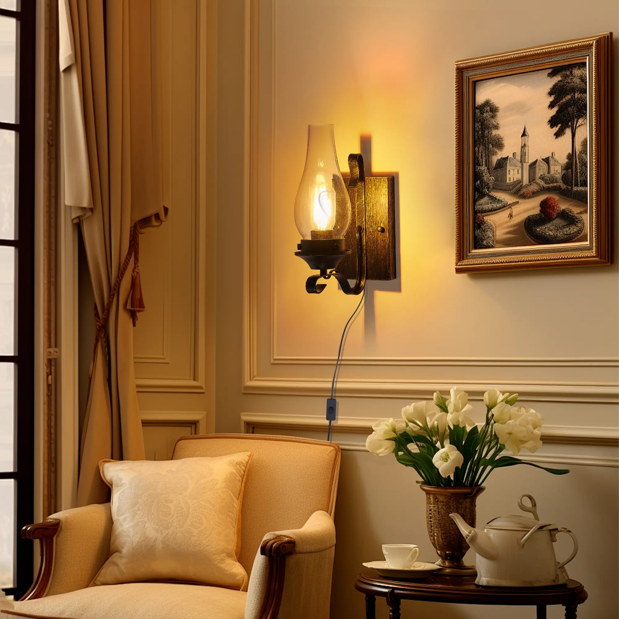 Oil Rubbed Bronze Wall Sconces,Retro Rustic Wall Lamps,Sconces Wall Lighting with Amber Glass,Indoor Vintage Bedside Wall Lighting for Living Room Bathroom