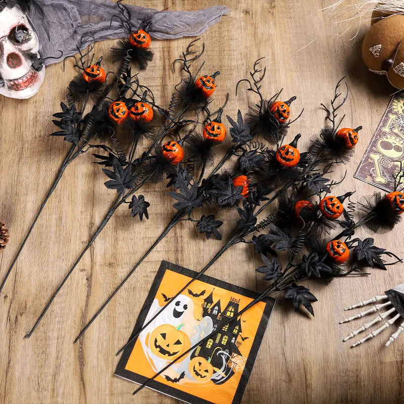 1pc Realistic Artificial Pumpkin Bouquet with Black Plastic Vase - Spooky Jack-O-Lantern Floral Arrangement for Halloween Home Mantel Decor
