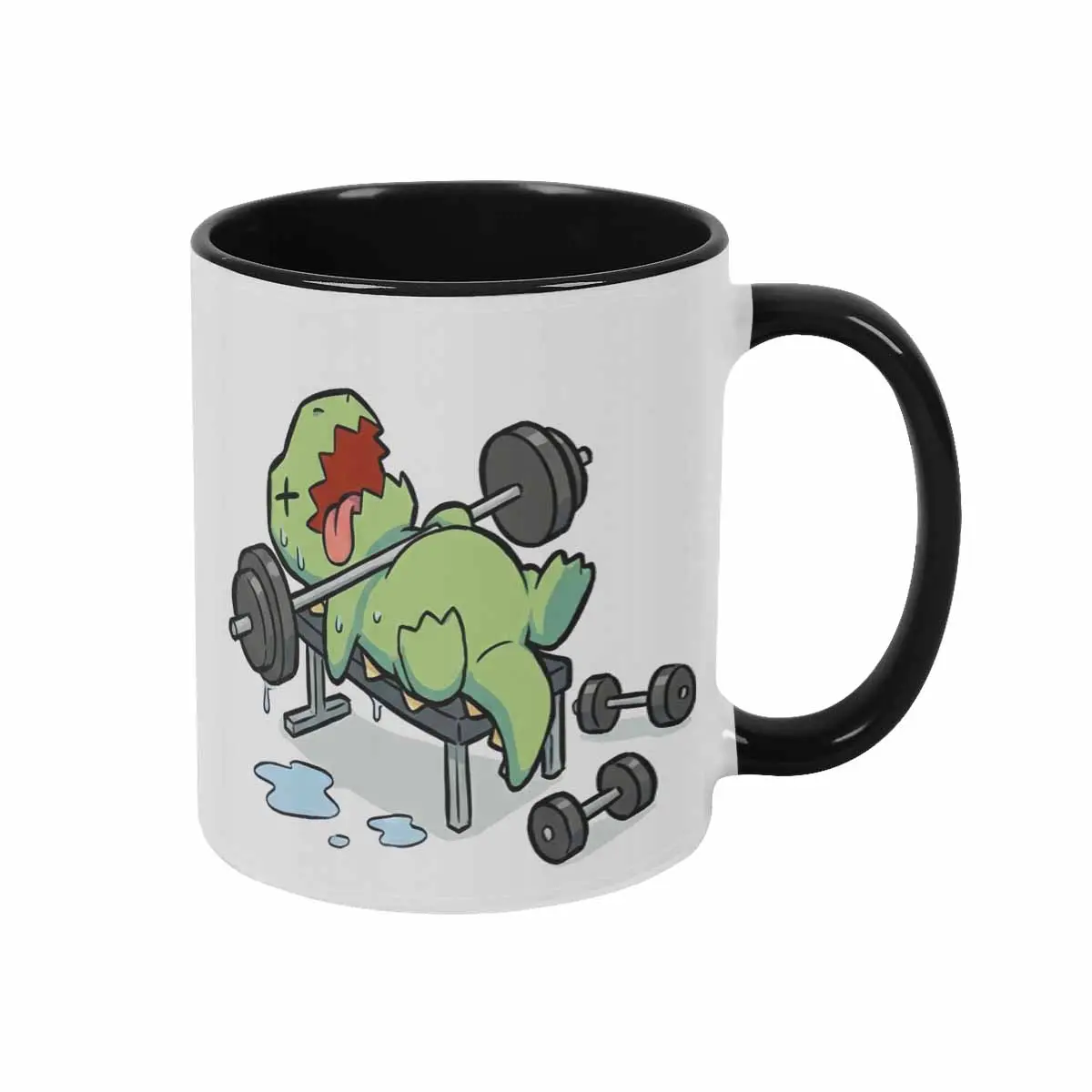 Exhausted Dinosaur Lifting Weights Mug (11oz/15oz) Funny Gym Workout Graphic Durable Ceramic Construction High Quality Dishwasher Safe For Fitness Enthusiasts Athletes Office Coffee Morning Routine Birthday Gift